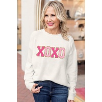 White XOXO Glitter Print Round Neck Casual Sweater - L thumbnail