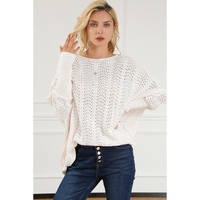 Beige Ribbed Hollow Knit Dolman Sleeve Sweater - L thumbnail