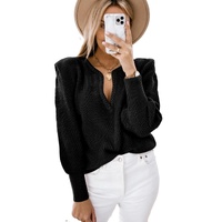 Black Braided Notched V Neckline Puff Sleeve Knitted Sweater - L thumbnail