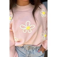 Pink Chenille Daisy Stitching Crew Neck Sweater - L thumbnail