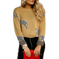 Camel Fuzzy Cheetah Accent Round Neck Sweater - L thumbnail