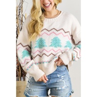 White Striped Christmas Tree Ribbed Trim Drop Shoulder Sweater - L thumbnail