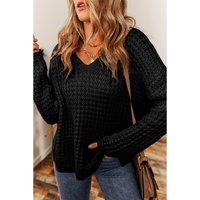 Black Hollow-out Crochet V Neck Sweater - XL thumbnail