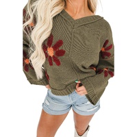 Sage Green Flower Knit Ribbed Trim V Neck Sweater - S thumbnail