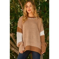 Light French Beige Color Block Contrast Stitch Oversized Sweater - M thumbnail