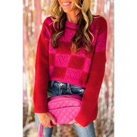 Multicolor Checkered Pattern Heart Detail Textured Sweater - L thumbnail