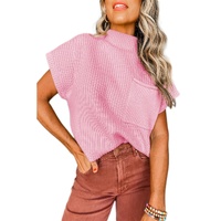 Pink Patch Pocket Ribbed Knit Short Sleeve Sweater - M thumbnail