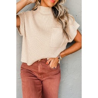 Oatmeal Patch Pocket Ribbed Knit Short Sleeve Sweater - L thumbnail