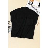 Black Patch Pocket Ribbed Knit Short Sleeve Sweater - L thumbnail