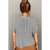 Gray Crew Neck Cable Knit Short Sleeve Sweater - L thumbnail