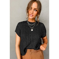 Black Crew Neck Cable Knit Short Sleeve Sweater - L thumbnail