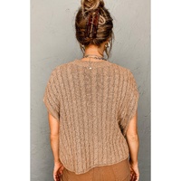 Light French Beige Crew Neck Cable Knit Short Sleeve Sweater - L thumbnail