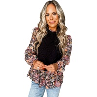 Black Contrast Floral Sleeve Peplum Sweater - S thumbnail