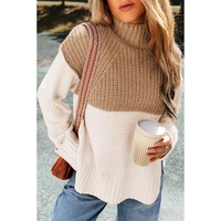 Parchment Cable Knit Color Block Side Splits High Neck Sweater - L thumbnail