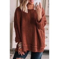 Gold Flame Solid Color Textured Crew Neck Loose Sweater - L thumbnail