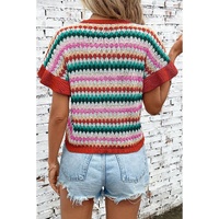 Fiery Red Trimmed Ruffle Sleeve Colorful Textured Sweater - L thumbnail