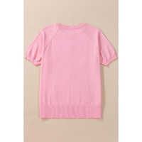 Pink Flower Pattern Short Sleeve Knitted Top - L thumbnail