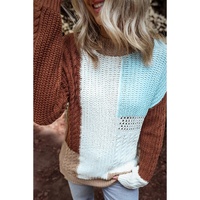 Khaki Mix Textured Knit Colorblock Patchwork Sweater - L thumbnail