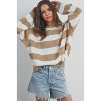 Light French Beige Colorblock Striped Drop Shoulder Side Slit Sweater - L thumbnail