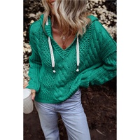 Sea Green Cable Knit V Neck Contrast Drawstring Hooded Sweater - S thumbnail