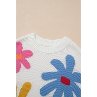 White Colorful Big Flower Pattern Crewneck Sweater - M thumbnail