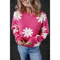 Bright Pink Daisy Flower Crew Neck Long Sleeve Sweater - XL thumbnail