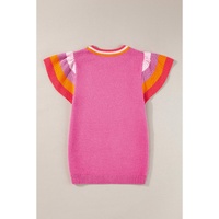 Bright Pink Contrast Flutter Sleeves Knitted Sweater T Shirt - M thumbnail