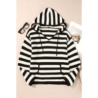 White Stripe V Neck Pocketed Drawstring Hooded Sweater - S thumbnail