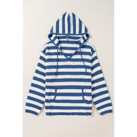 Blue Stripe V Neck Pocketed Drawstring Hooded Sweater - S thumbnail