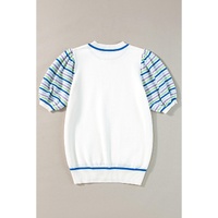 White Crochet Striped Bubble Sleeve Knit Sweater - S thumbnail