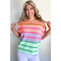 Rose Red Colorful Stripe Bubble Short Sleeve Sweater - M thumbnail