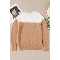Straw Yellow Colorblock Ribbed Trim Round Neck Sweater - L thumbnail