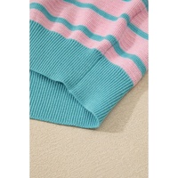 Pink Stripe Trimmed Round Neck Drop Shoulder Loose Sweater - XL thumbnail