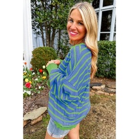 Sky Blue Stripe Trimmed Round Neck Drop Shoulder Loose Sweater - L thumbnail