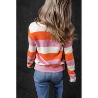 Orange Stripe Colorblock V Neck Casual Sweater - L thumbnail