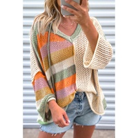 Beige Oversized Colorblock V Neck Hooded Sweater - L thumbnail