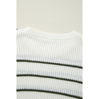 Green Color Block Striped Buttoned Shoulder Split Sweater - S thumbnail