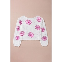 White Contrast Flower Print Eyelet Drop Shoulder Sweater - XL thumbnail