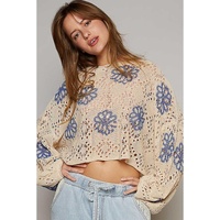 Beige Contrast Flower Print Eyelet Drop Shoulder Sweater - L thumbnail
