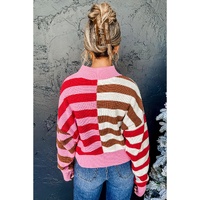 Pink Stripe Color Block High Neck Drop Shoulder Loose Sweater - L thumbnail
