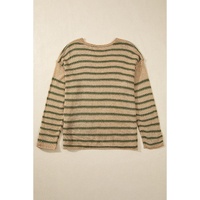 Khaki Stripe Drop Shoulder Casual Sweater - L thumbnail