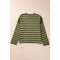 Green Stripe Drop Shoulder Casual Sweater - M thumbnail