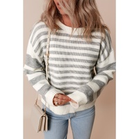 Gray Stripe Drop Shoulder Crew Neck Sweater - L thumbnail