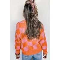 Orange Checkered Drop Shoulder Buttoned V Neck Cardigan - XL thumbnail