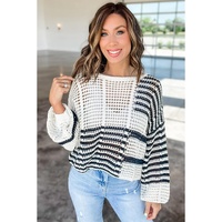 White Stripe Contrast Striped Crochet Puff Sleeve Sweater - S thumbnail