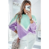 Green Chevron Colorblock Ribbed Knit Drop Shoulder Sweater - L thumbnail