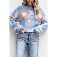 Beau Blue Floral O Neck Drop Shoulder Knitted Sweater - XL thumbnail