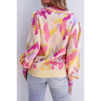 Khaki Abstract Print Colorblock Balloon Sleeve Sweater - L thumbnail