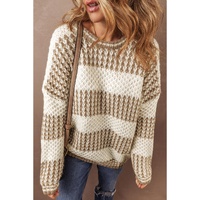 Brown Stripe Drop Shoulder Round Neck Loose Sweater - L thumbnail