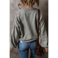Light Grey Pearled Drop Shoulder Round Neck Sweater - L thumbnail